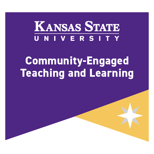 K-State microcredential badge for Community-Engaged Teaching and Learning. Color coding and symbolism indicate it is a foundational noncredit microcredential.