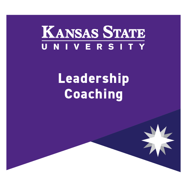 K-State microcredential badge for Leadership Coaching. Color coding and symbolism indicate it is a intermediate online microcredential.