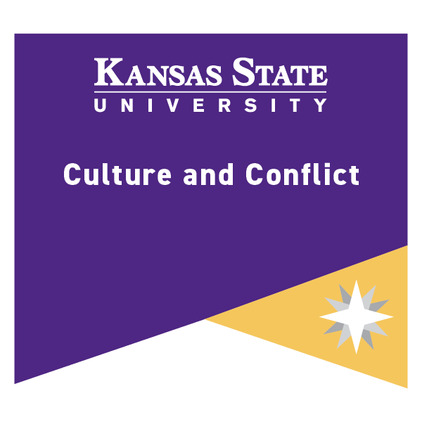Intermediate Noncredit Microcredential Badge for Culture and Conflict K-State microcredential badge for Culture and Conflict. Color coding and symbolism indicate it is an intermediate noncredit microcredential.